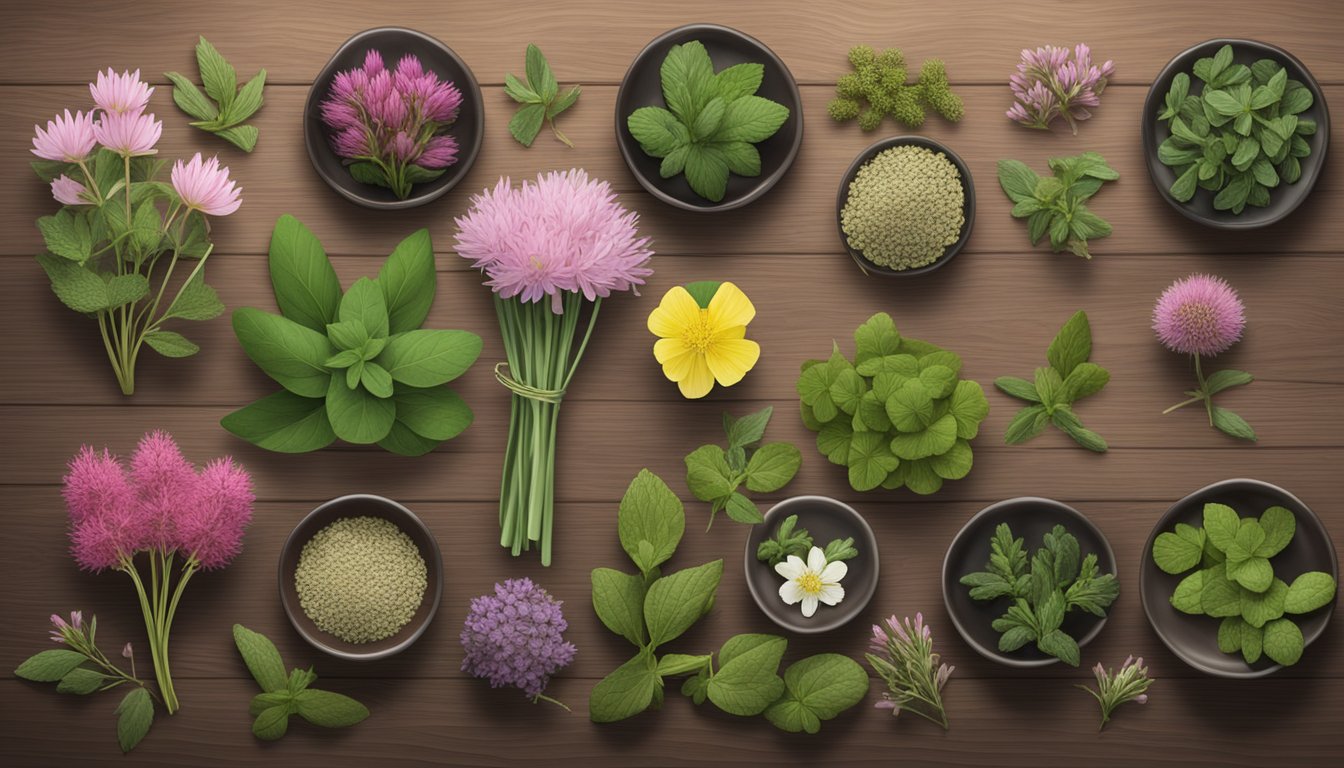 A variety of herbs and flowers in small pots and bowls on a wooden background.