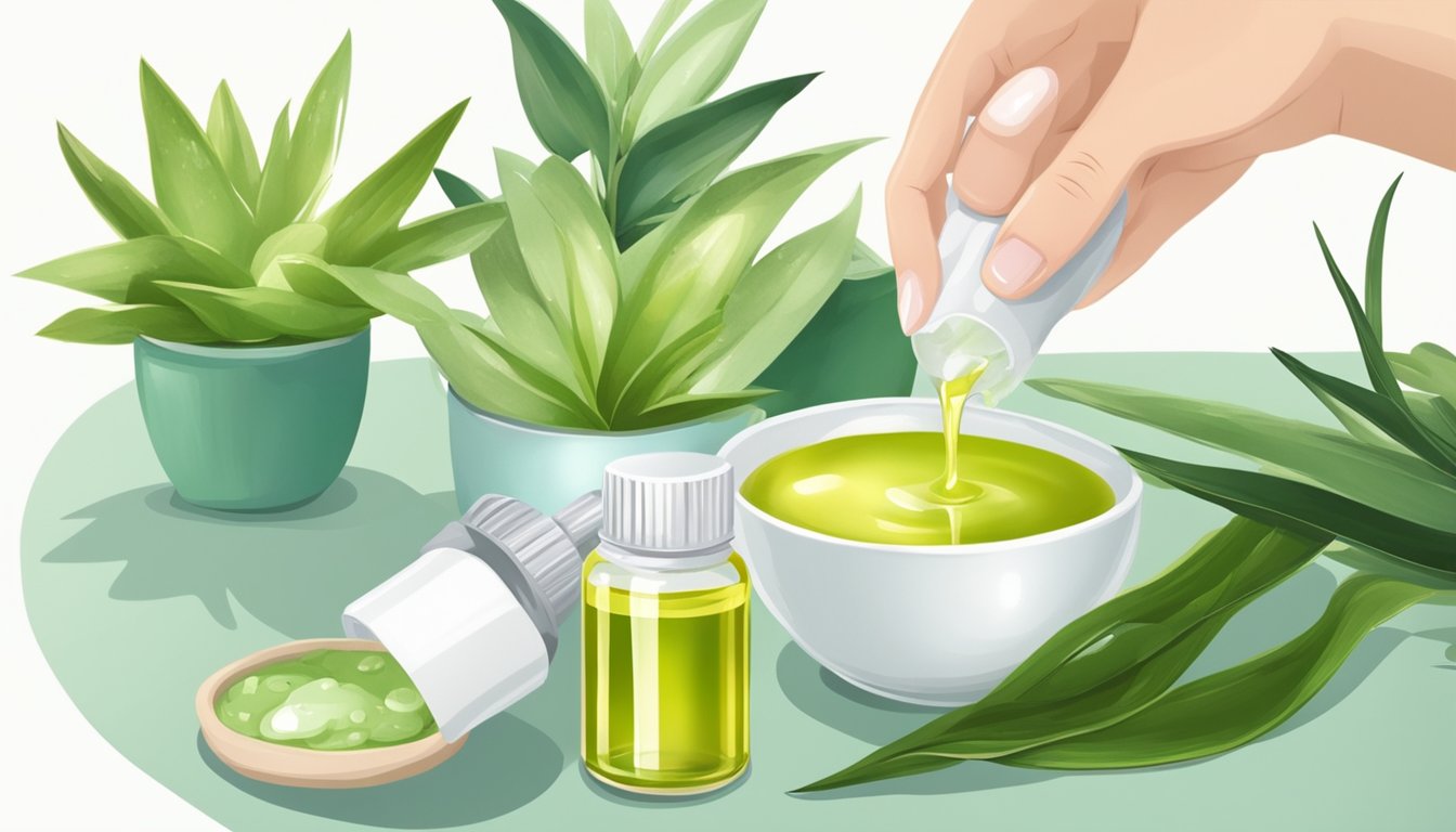 Illustration of a hand applying aloe vera gel to a bowl of green liquid with a dropper bottle and a jar of green pills nearby.