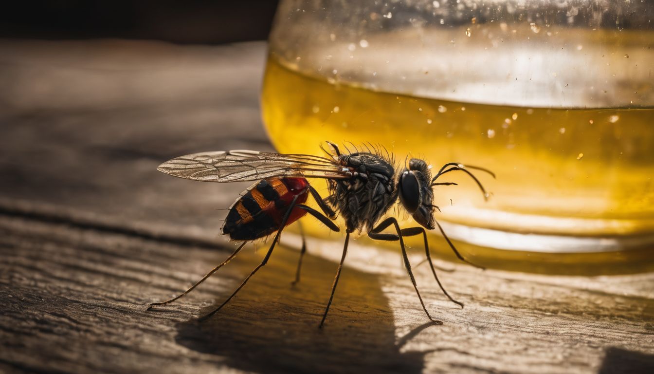A close up of a gnat on a wooden surface with a jar of liquid in the background.