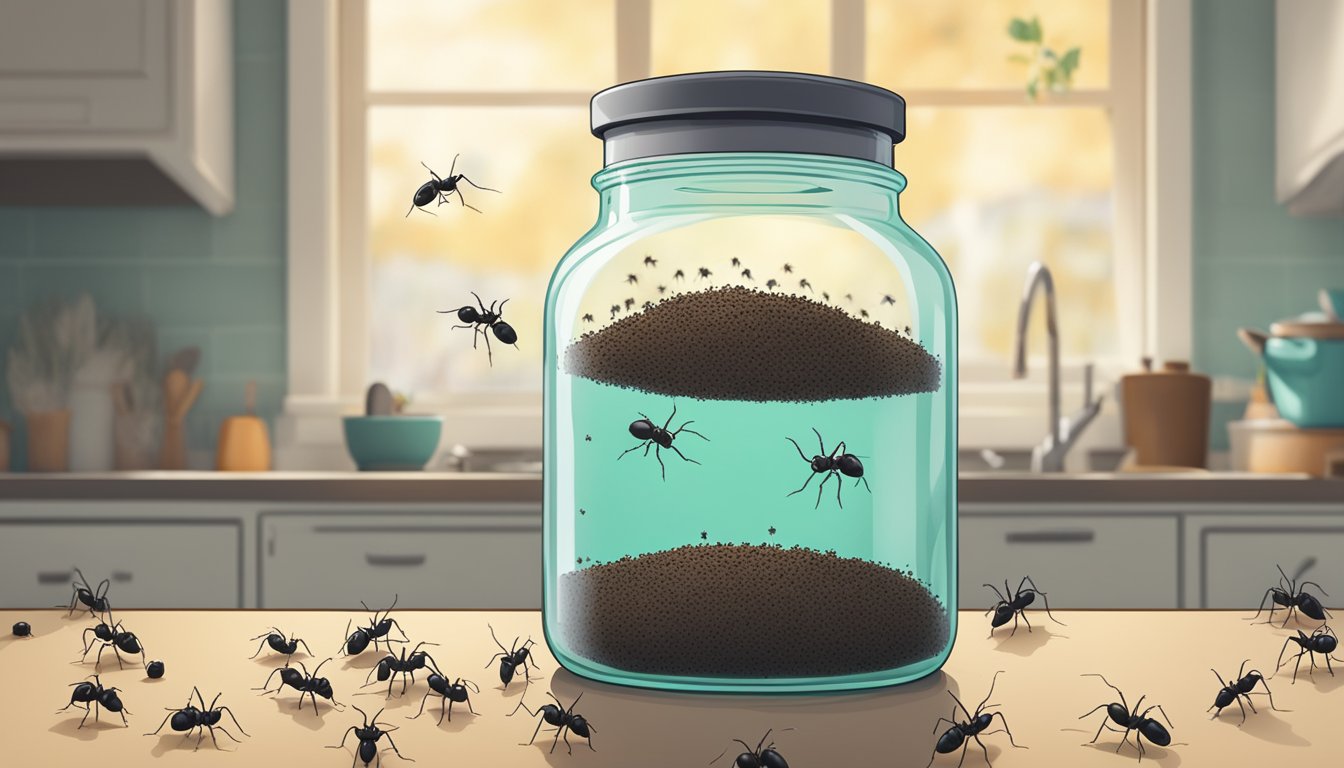 An illustration of ants invading a kitchen counter and a sugar jar.