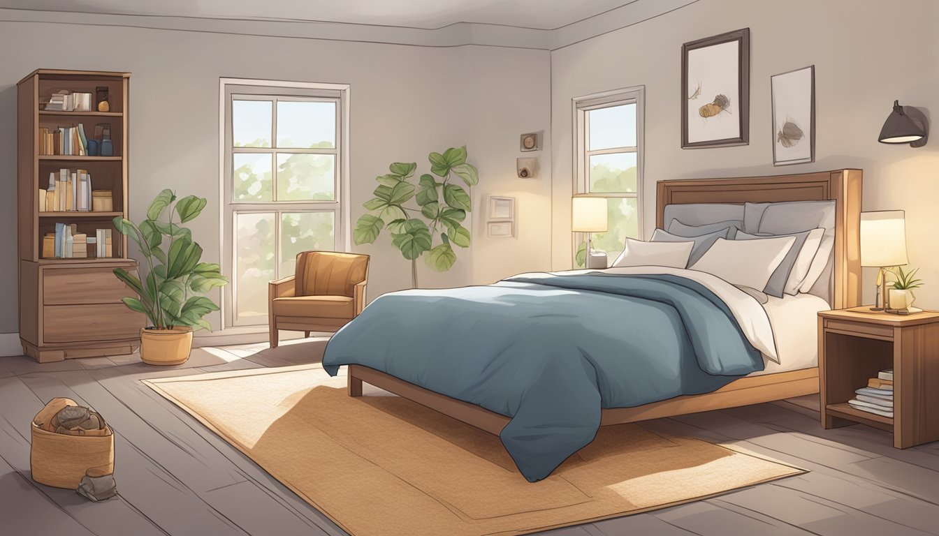 An illustration of a cozy bedroom with a bed, nightstand, and bookshelf.