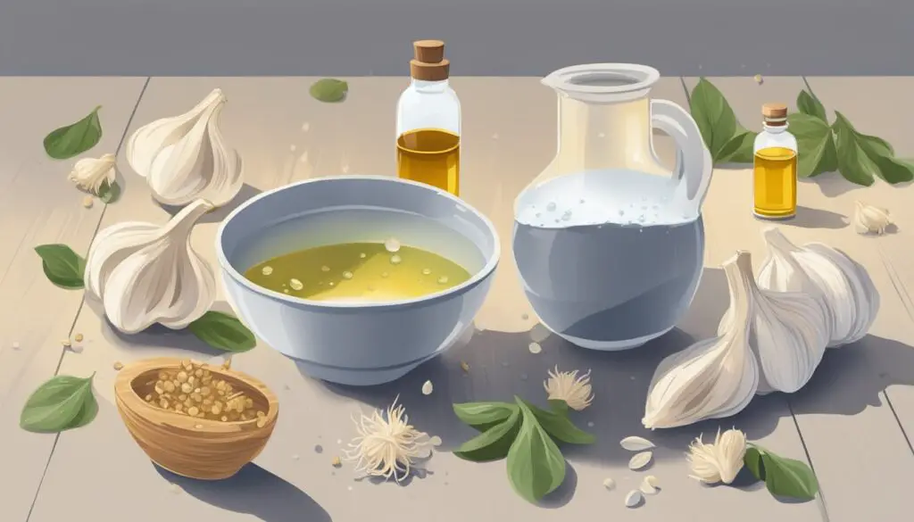 An illustration of various home remedies to kill fleas, including garlic cloves, a bowl of vinegar, a jug of milk, and essential oils on a wooden surface.
