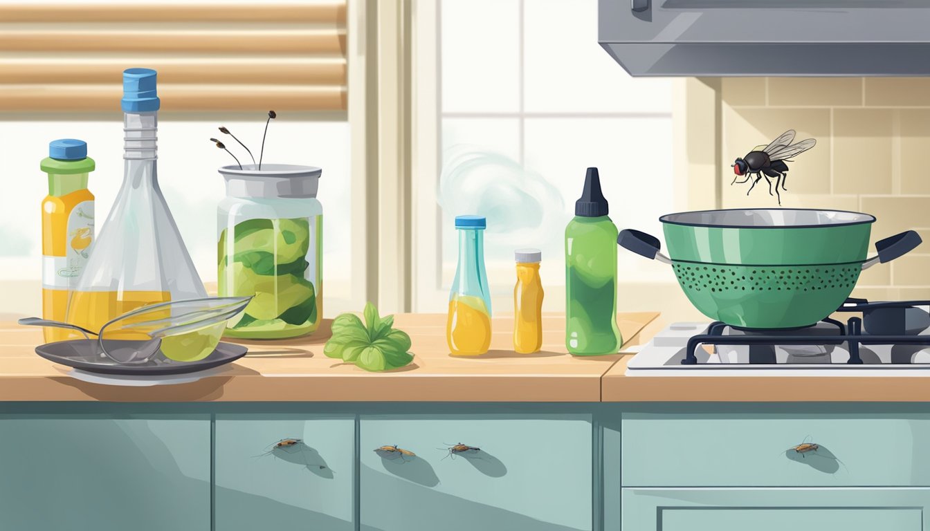 An illustration of a kitchen counter with various home remedies to kill flies.