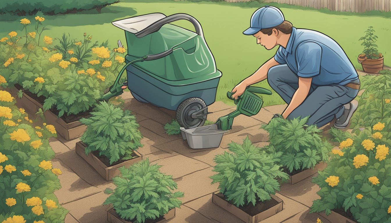 An illustration of a person applying a home remedy to kill weeds in a garden.