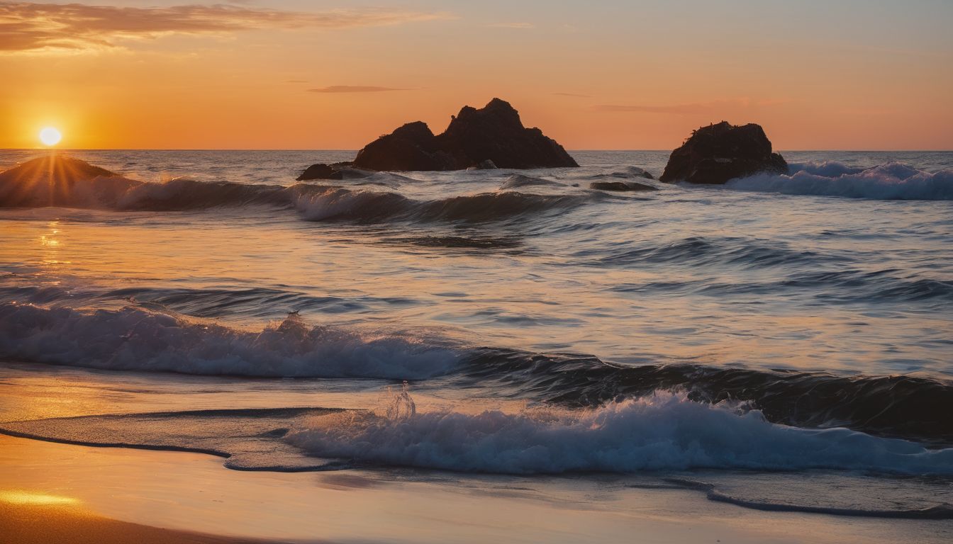 A photo of a beautiful sunset over the ocean with waves crashing on the shore.