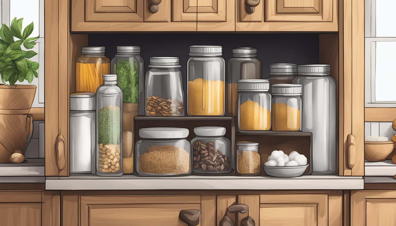 A kitchen cabinet filled with various jars and containers.