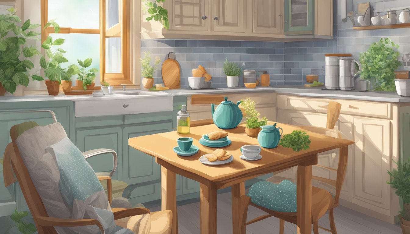 A cozy kitchen setup with a table set for tea, a window with plants, and a plate of cookies.