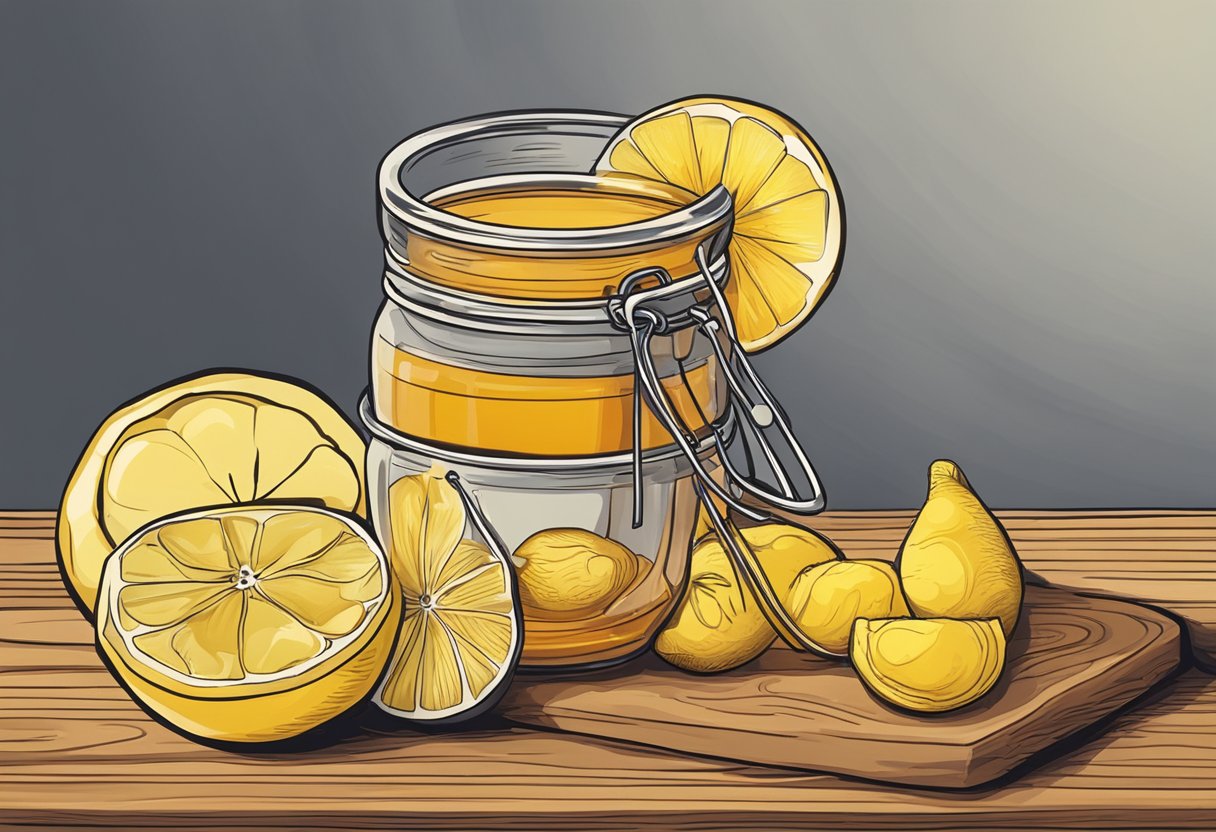 A jar of honey with lemon slices on a wooden board.