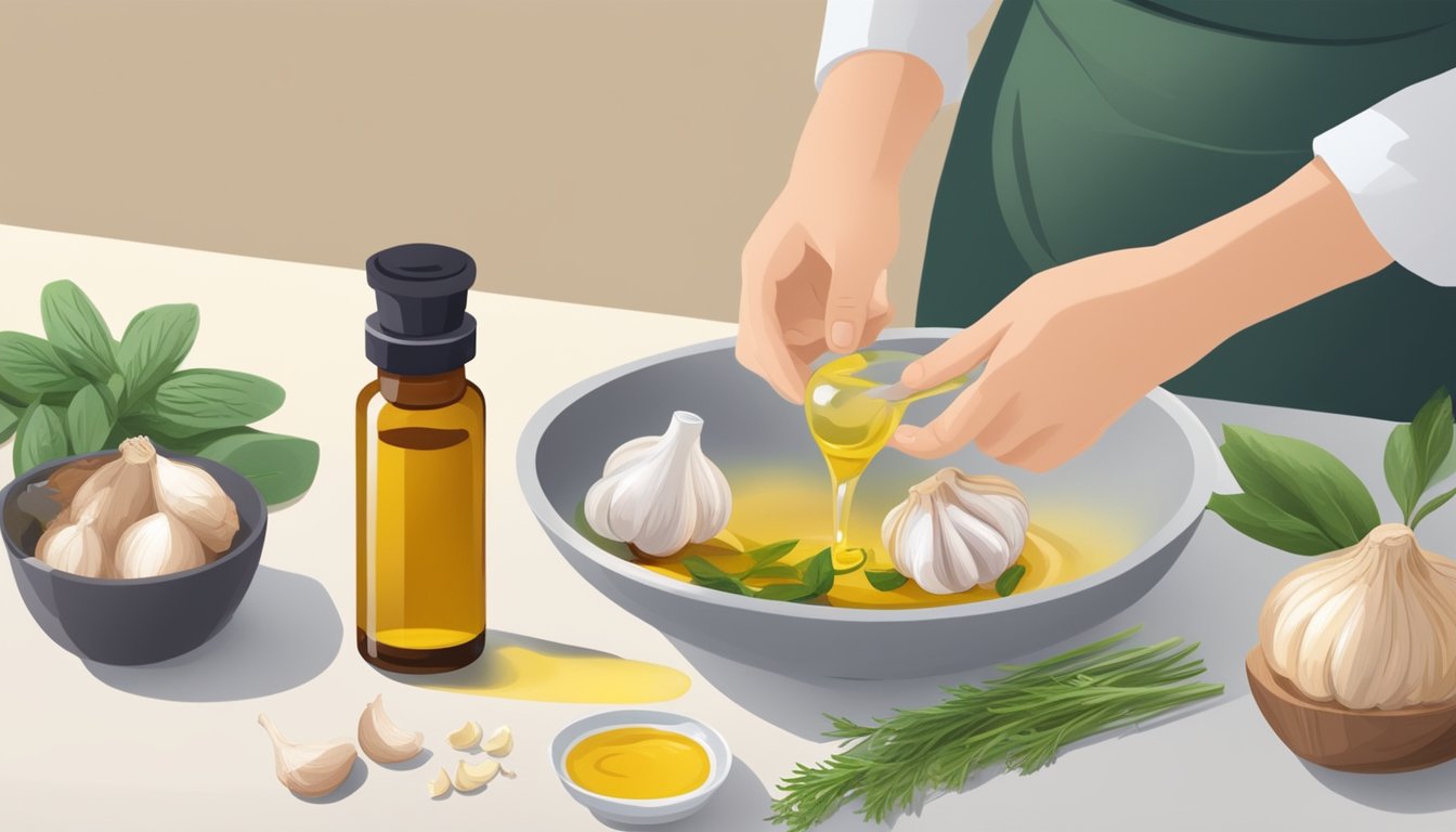 A person in a green apron preparing a home remedy for ear infection with garlic, oil, and herbs.
