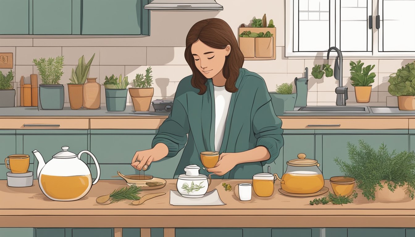 An illustration of a woman preparing a home remedy for gas relief in a kitchen.