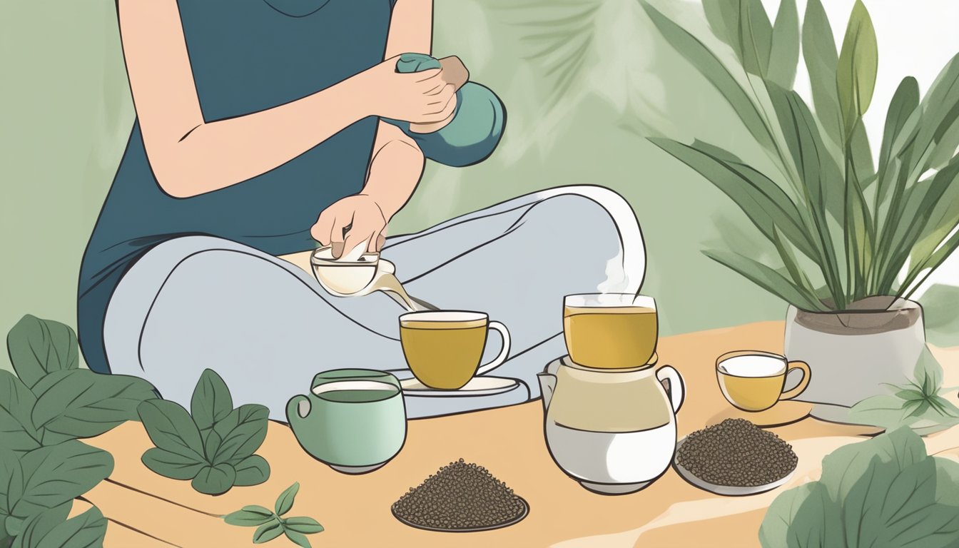 An illustration of a person pouring tea surrounded by plants and teacups.