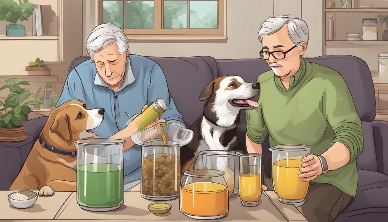 Two people preparing home remedies for kennel cough for two dogs.
