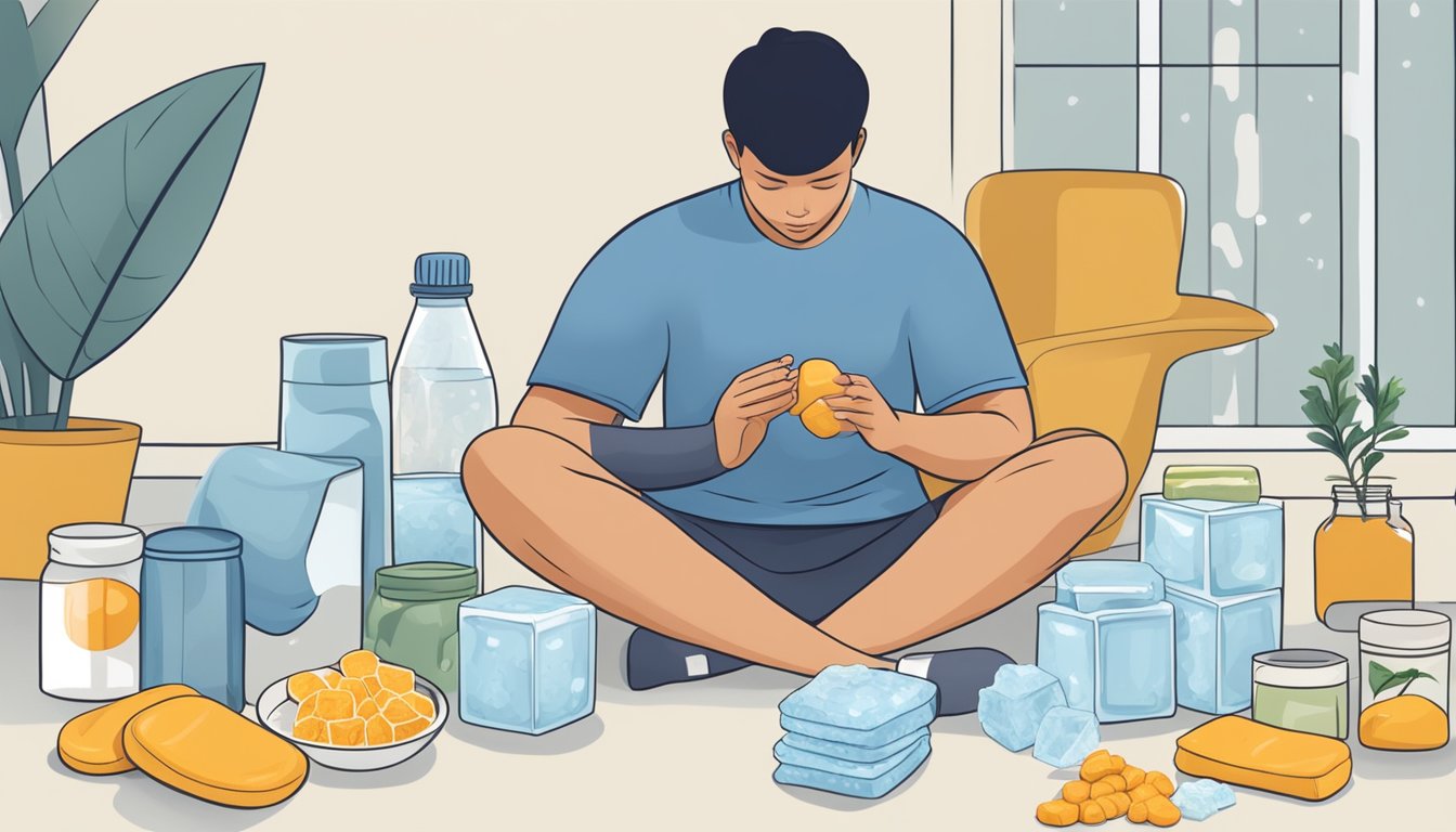A person sitting on the floor surrounded by various home remedies for knee pain.