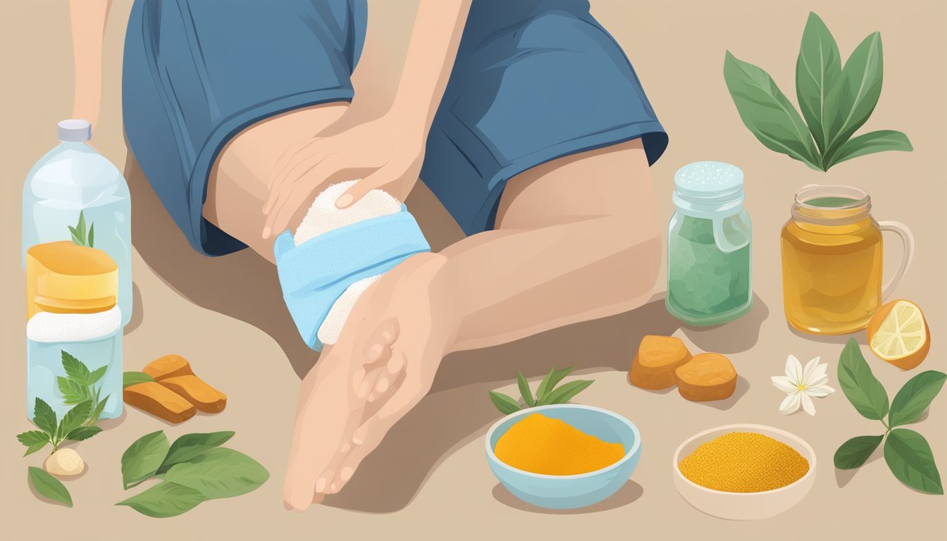 A person applying a cold compress to their knee surrounded by home remedies like green tea, turmeric, water, and lemon.