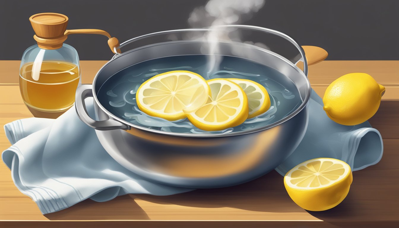A pot of boiling water with lemon slices and a jar of honey on a wooden countertop.