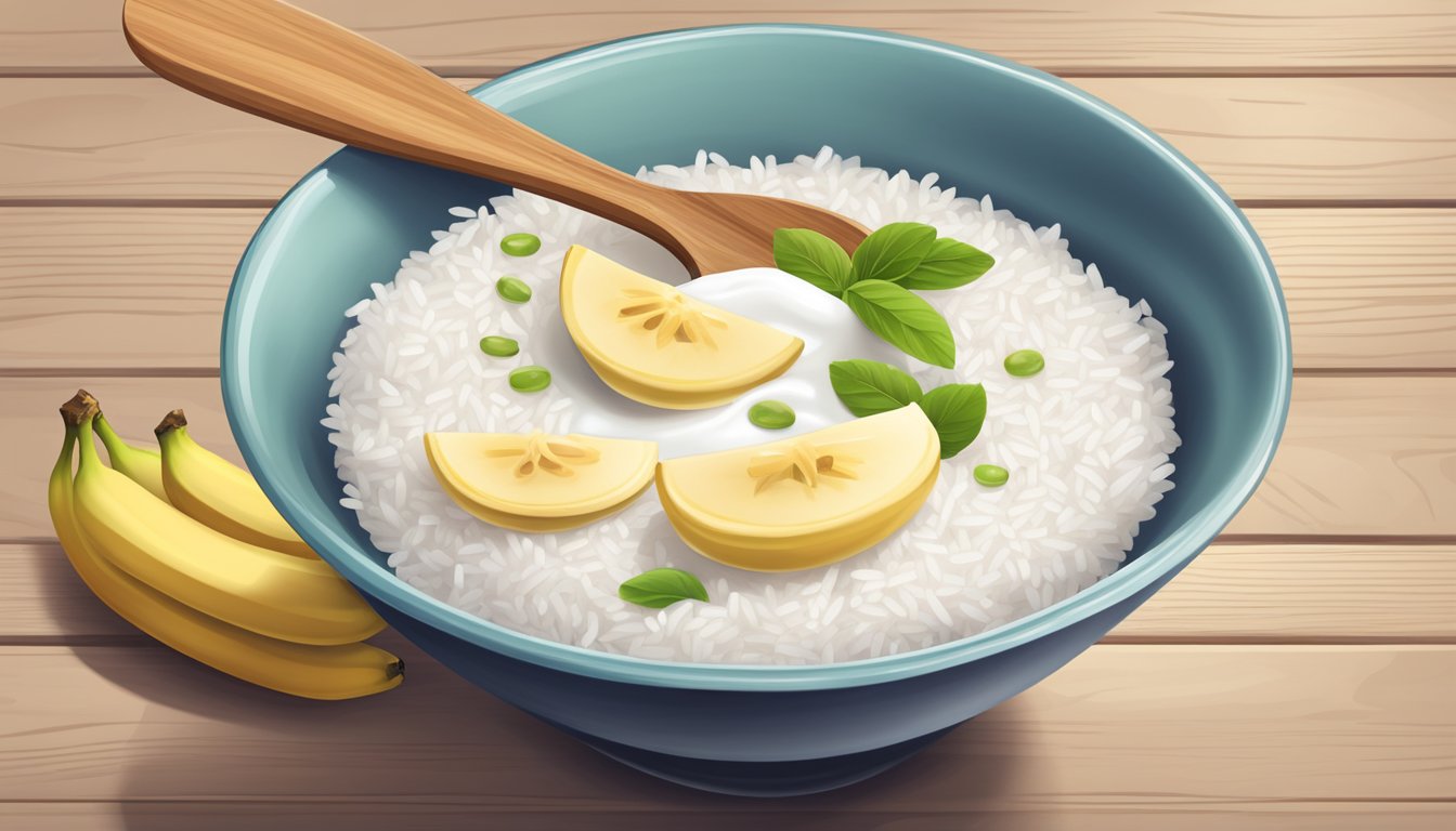 Blue bowl of rice with a wooden spoon, bananas, and lemon slices.