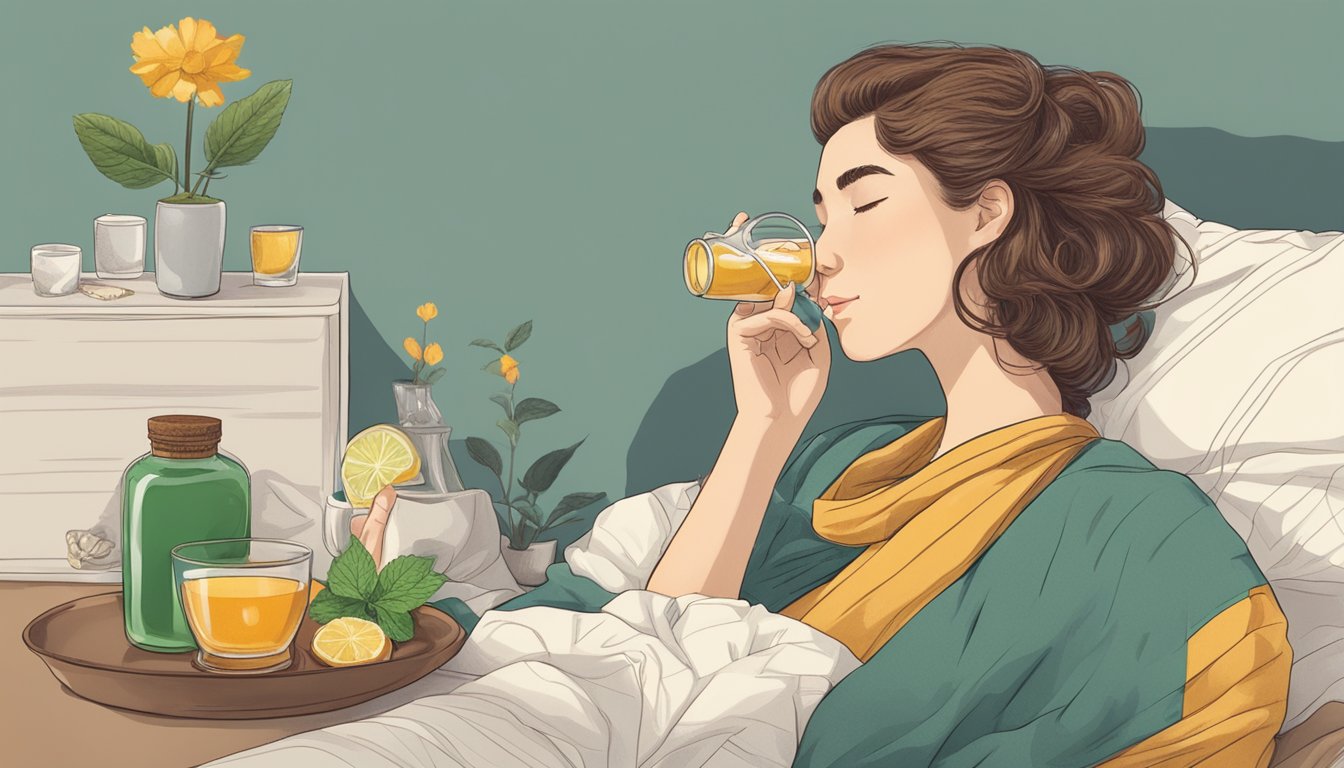 Illustration of a person in bed drinking tea with home remedies for nausea on the nightstand.