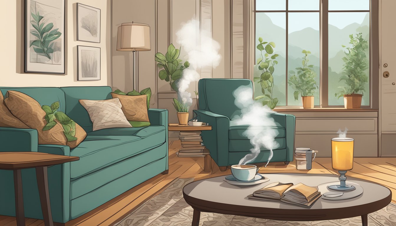 A cozy living room with a steaming cup of tea and a book on the coffee table.