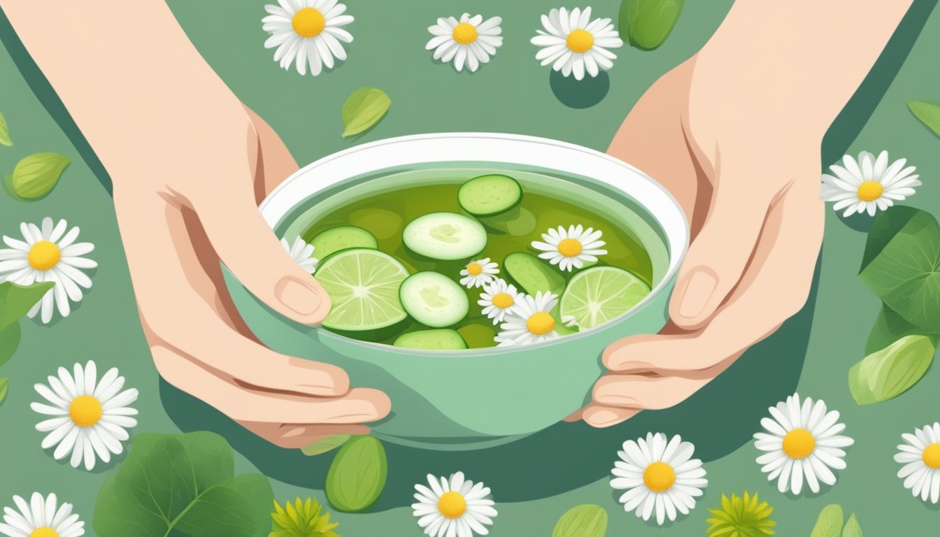 Hands holding a bowl with cucumber slices and chamomile flowers.