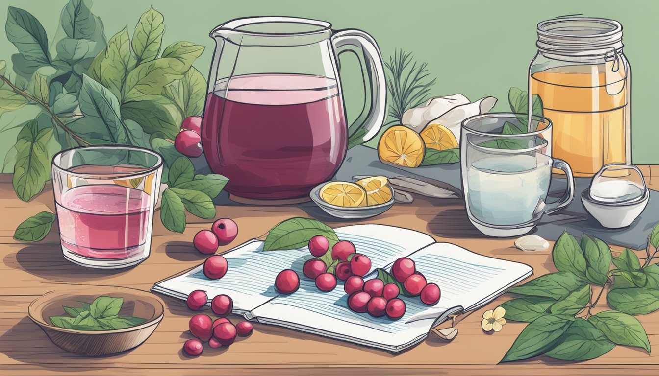 An illustration of various home remedies for UTI on a wooden table.