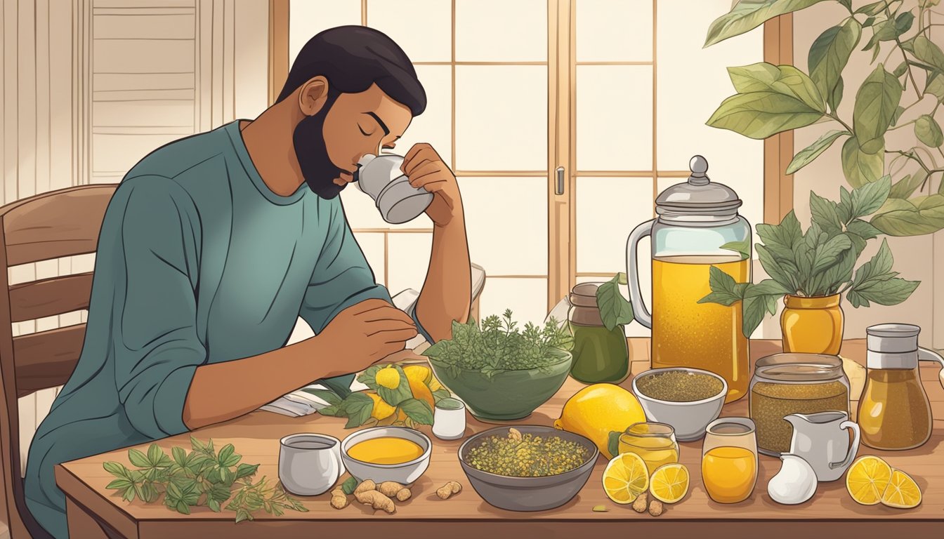 An illustration of a person enjoying a cup of tea at a table filled with home remedies for upper respiratory infection.