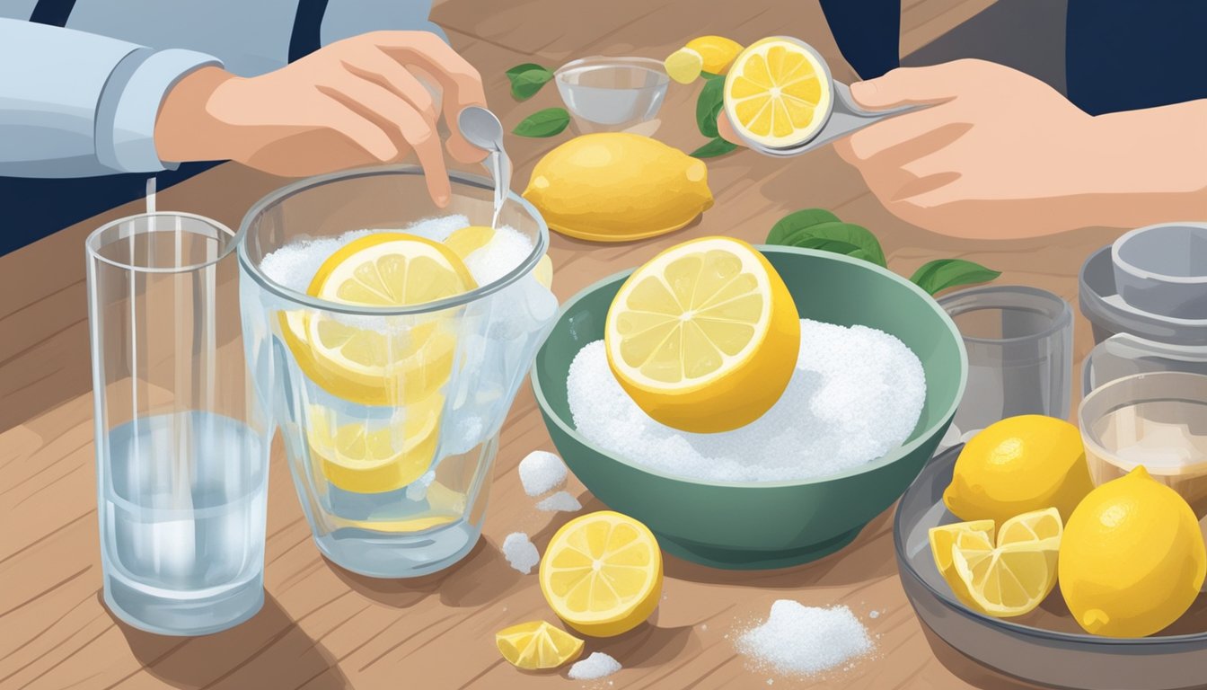 A person preparing a home remedy for acidity using lemons, sugar, and water.