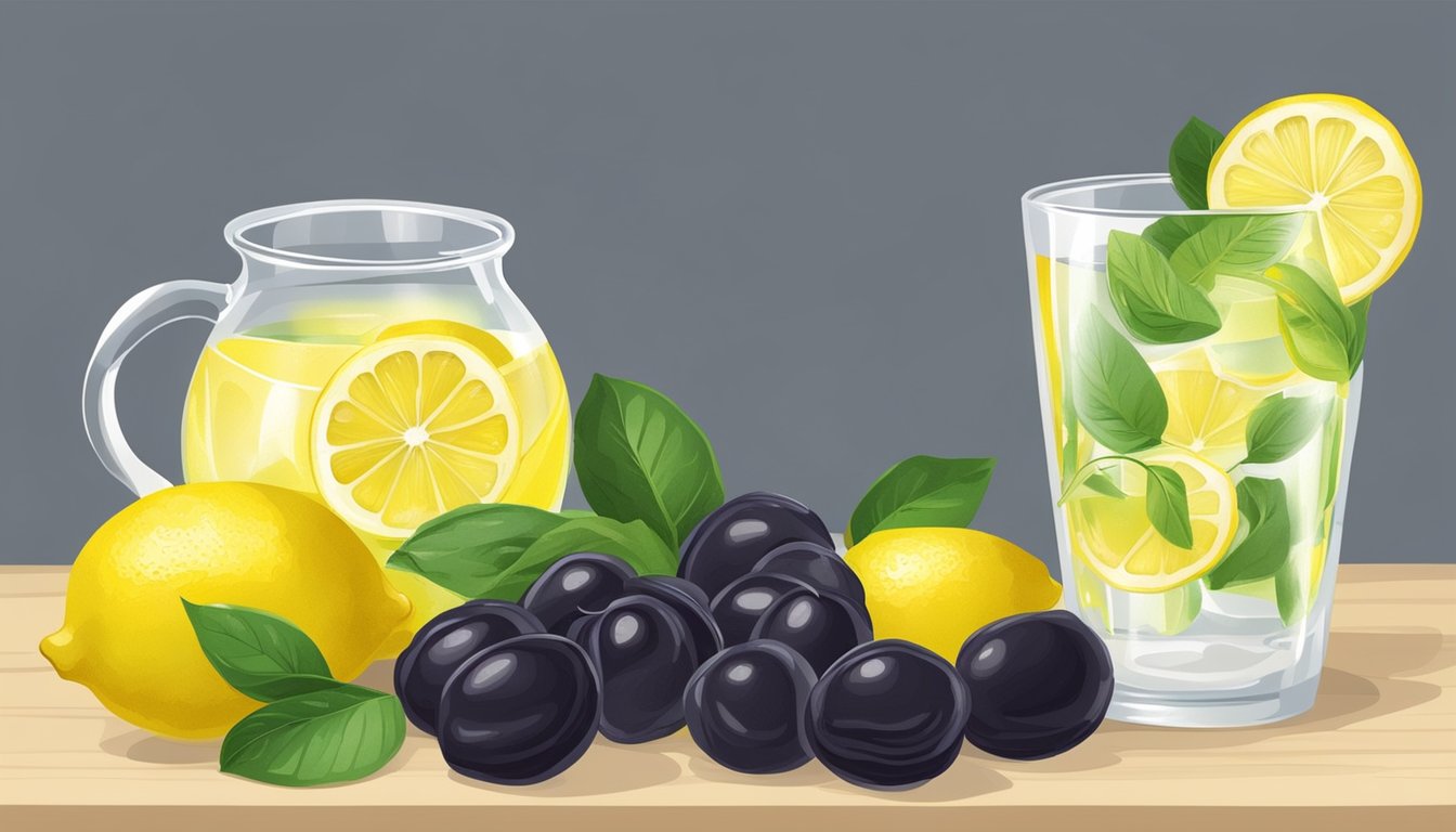 Illustration of lemons, plums, and mint leaves with a pitcher and glass of lemon water.