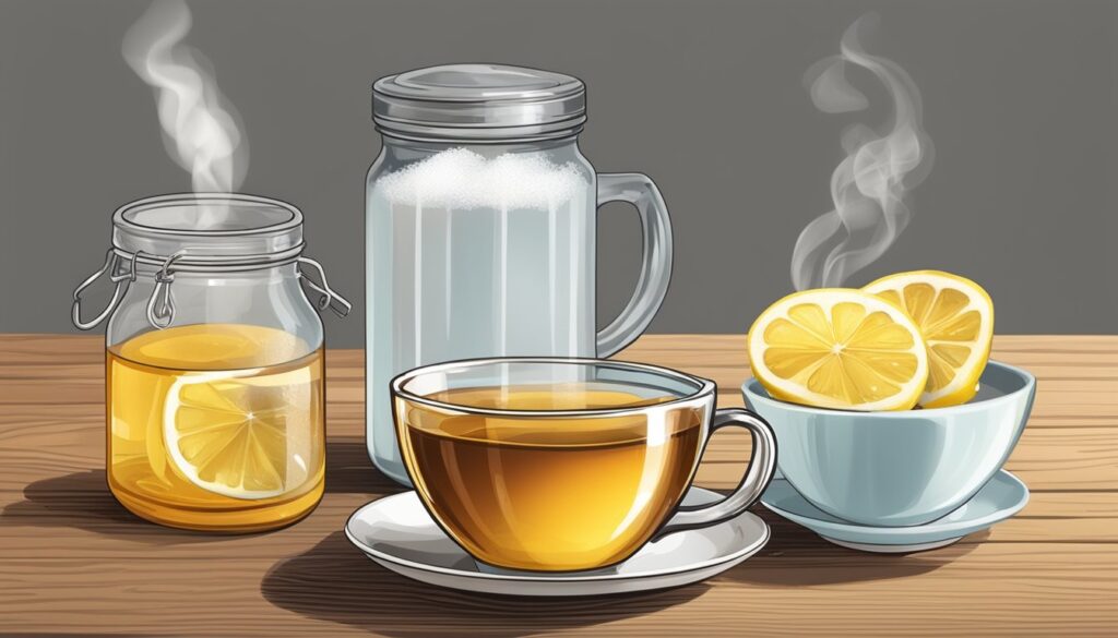 Illustration of home remedies for sore throat, including honey, lemon, and tea.