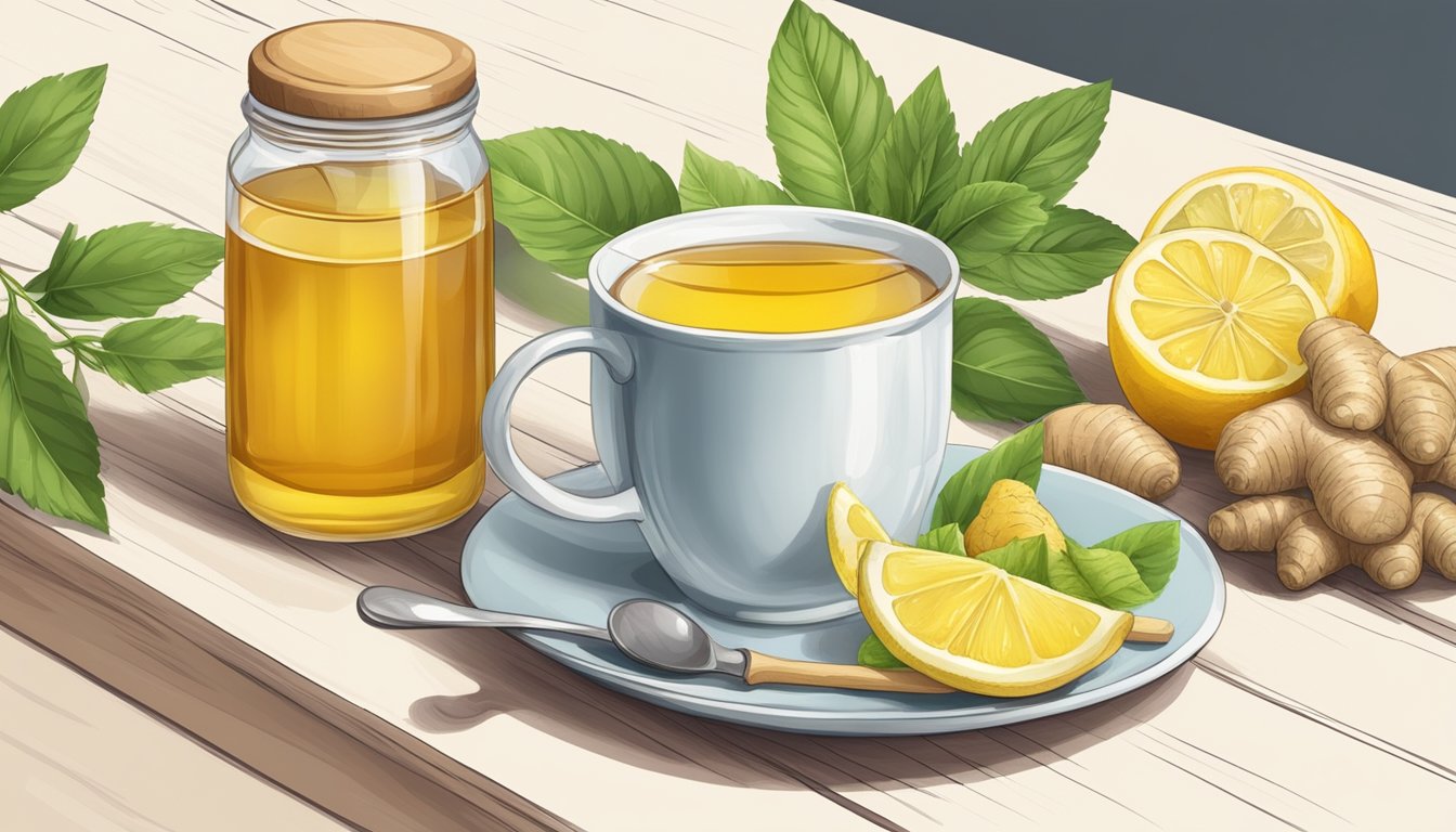 A cup of tea, jar of honey, lemon, ginger, and mint leaves on a wooden table.