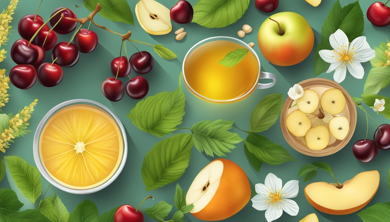 An assortment of fruits, nuts, and tea as home remedies for uric acid.