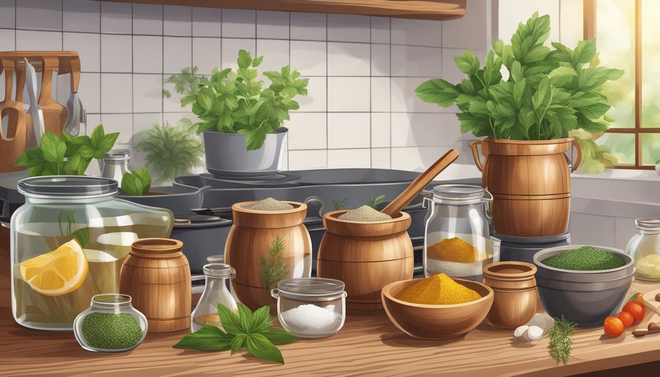 Illustration of a kitchen counter with various herbs and spices.