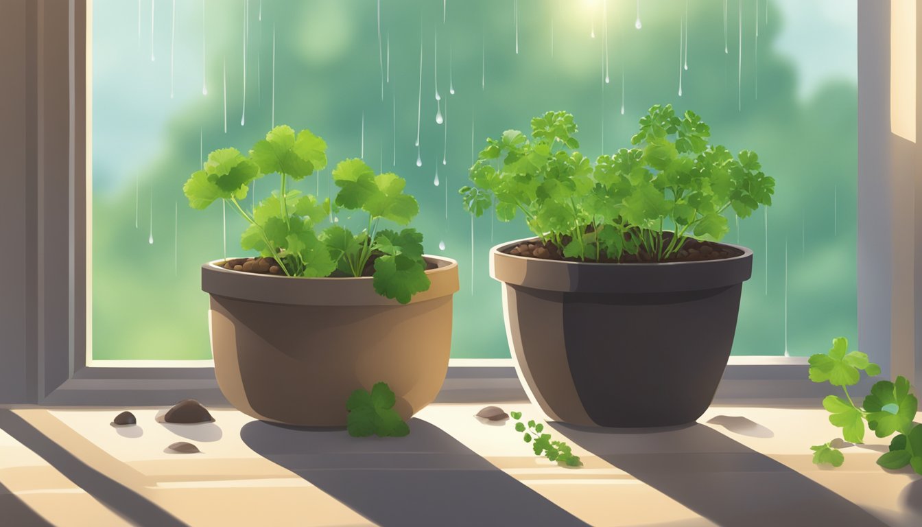 Two potted cilantro plants thriving on a windowsill on a rainy day.