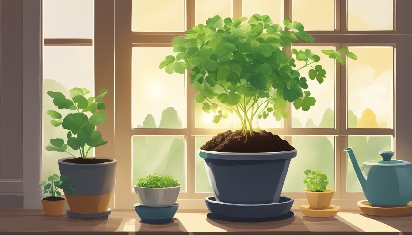 An illustration of three potted coriander plants at different growth stages on a windowsill.