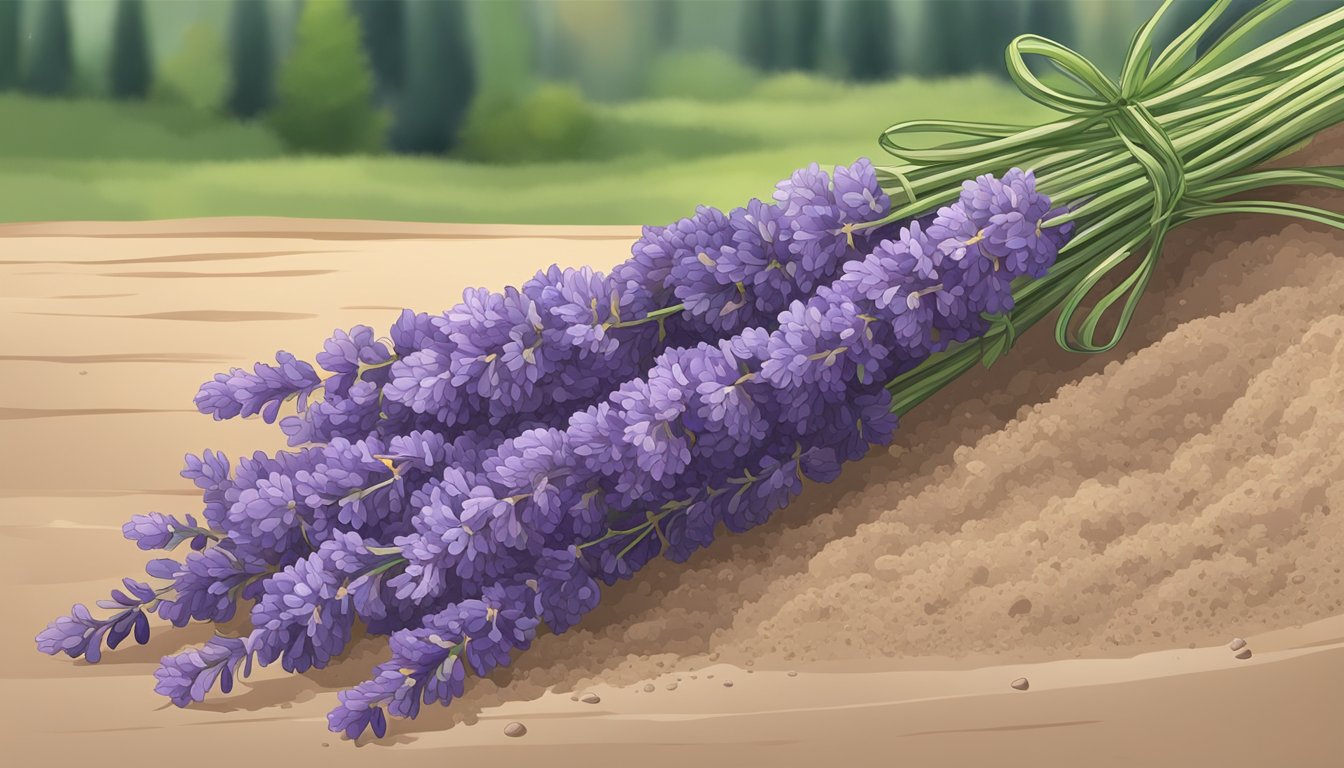 A serene image of a bundle of lavender flowers on a wooden table with soil in the background.
