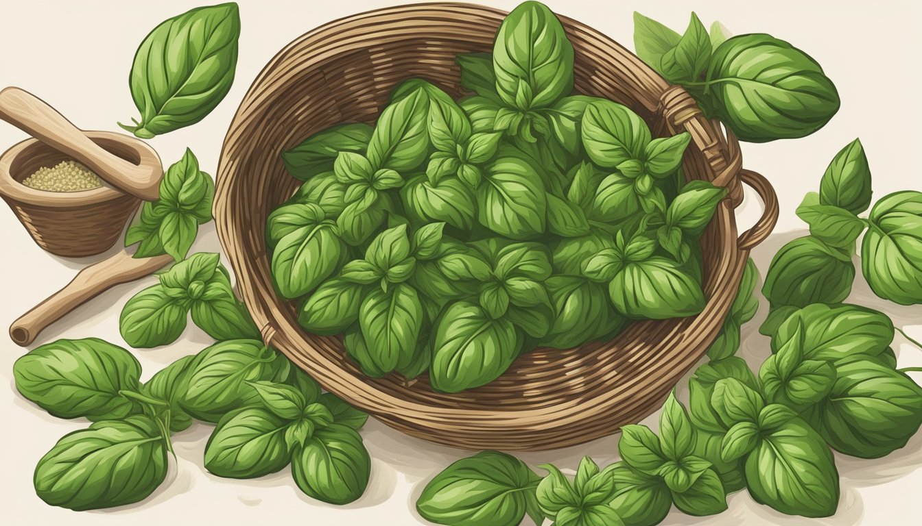 An illustration of a basket filled with fresh basil leaves and a wooden mortar and pestle.