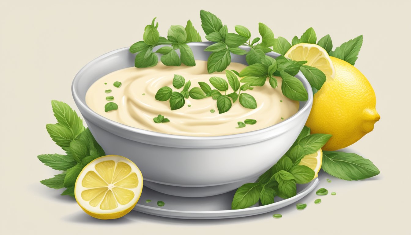 An illustration of a bowl of creamy lemon herb tahini surrounded by fresh basil leaves and lemon slices.
