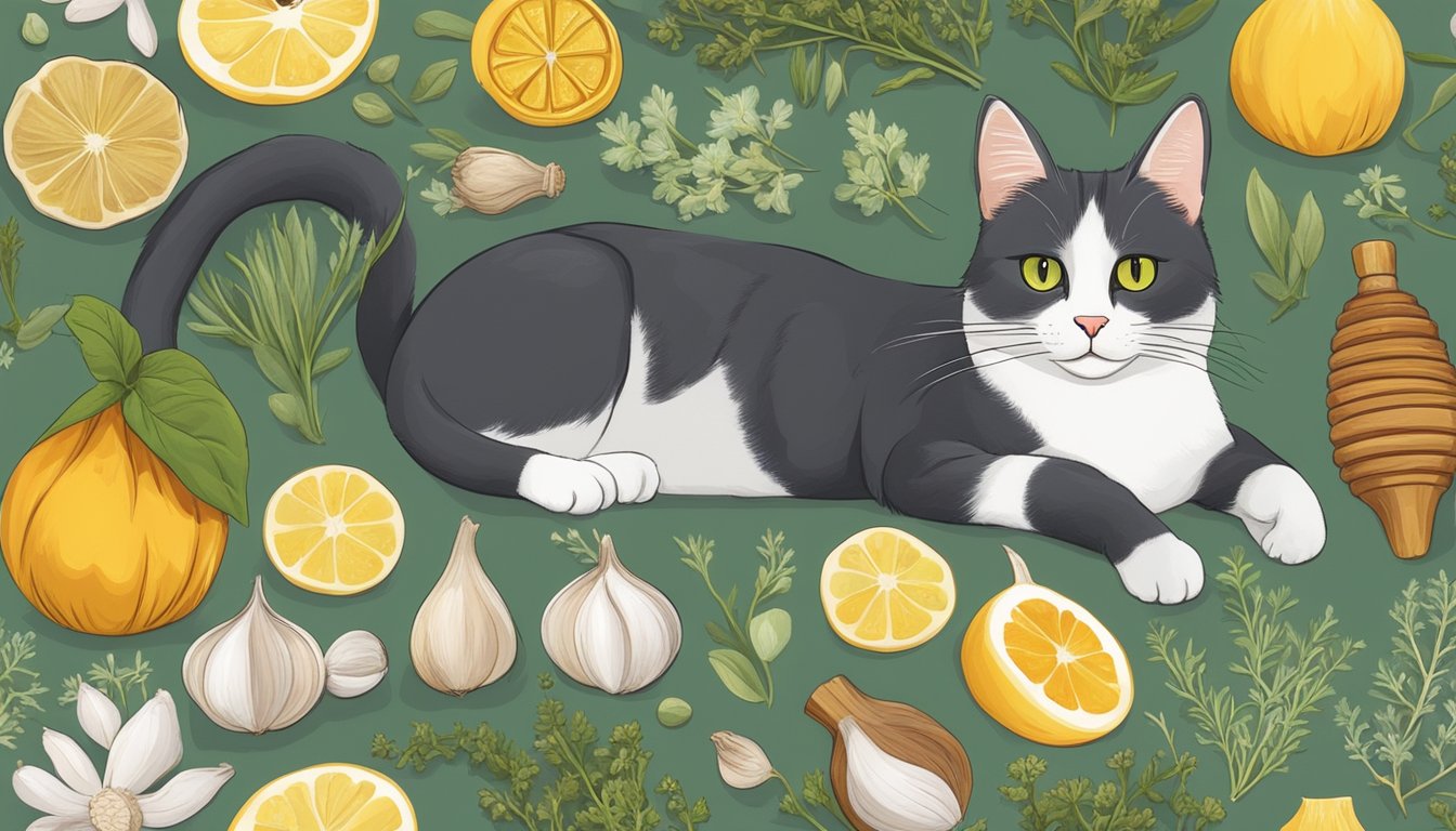 A cat surrounded by natural antibiotics like garlic, lemon, and honey.