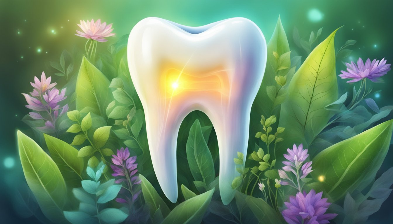 Illustration of a glowing tooth surrounded by plants and flowers.