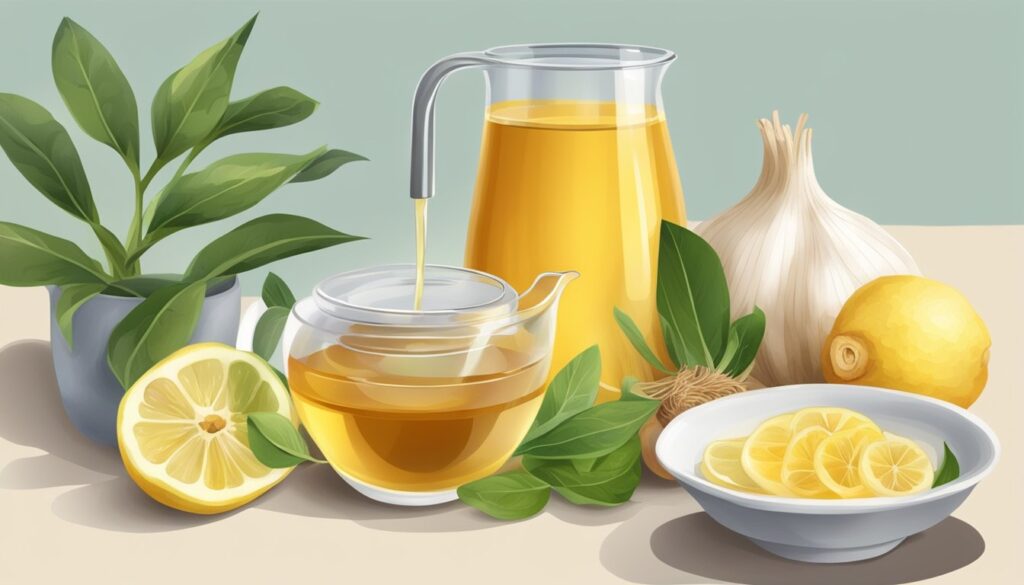 Illustration of home remedies for cough including lemon, garlic, and honey.