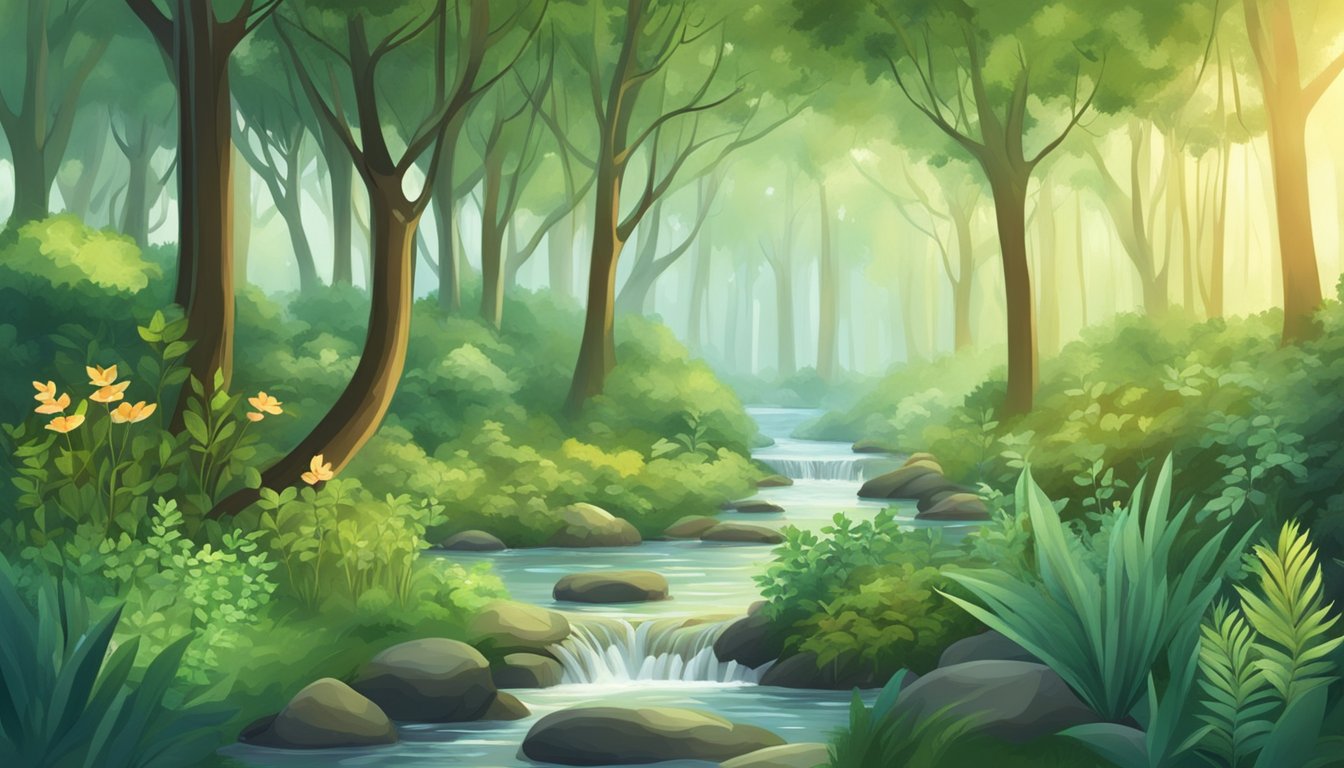 A serene forest scene depicting the tranquility of nature.