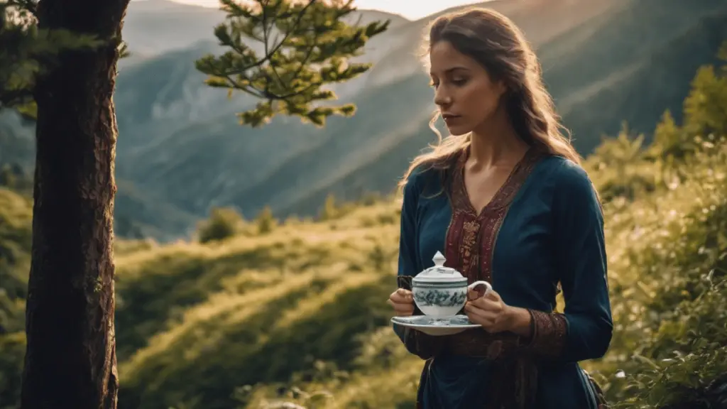 A person in a blue dress holding a teapot in a serene mountainous landscape.