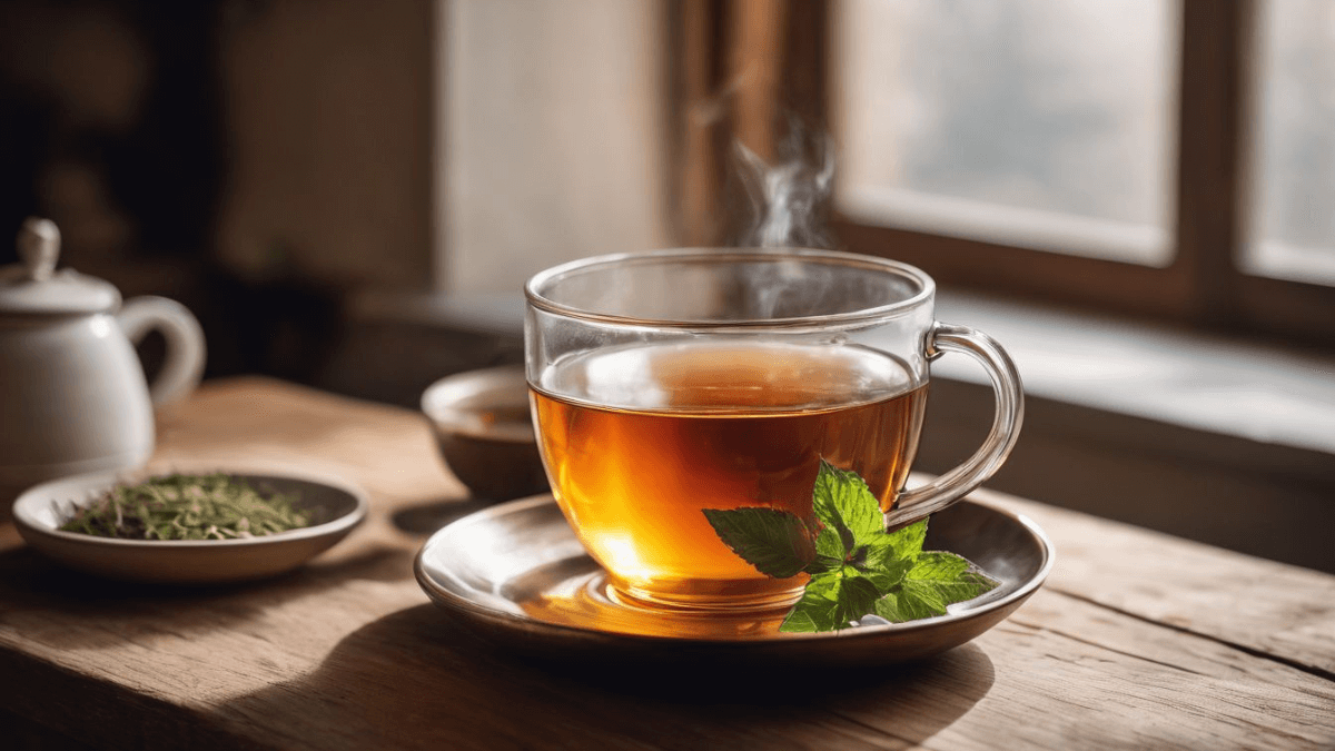 A cup of tea with mint leaves on a wooden table, with a teapot and a bowl of herbs in the background.