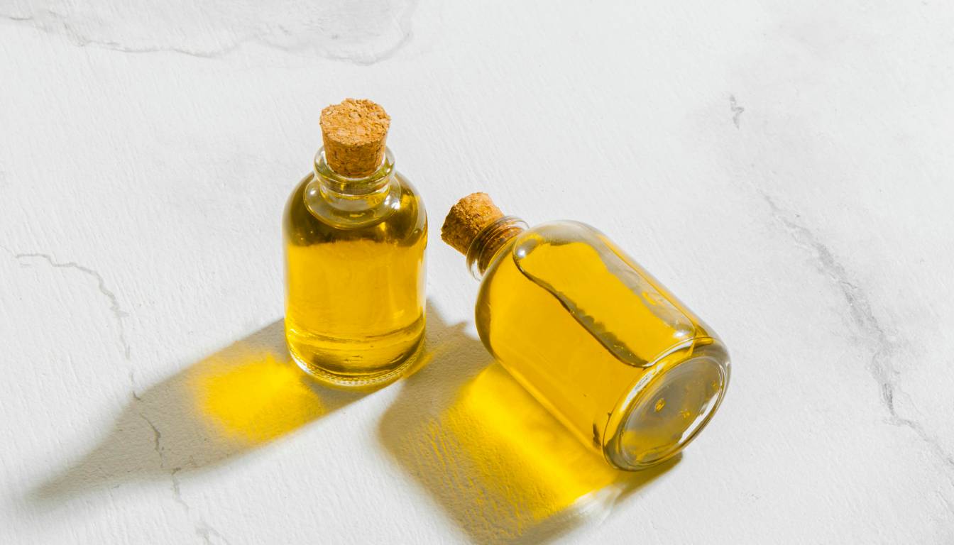 Two small glass bottles filled with golden yellow oregano oil, sealed with cork stoppers, placed on a light-colored surface.