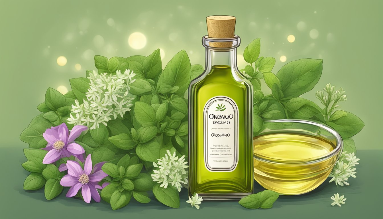 Illustration of a bottle of oregano oil surrounded by oregano leaves and flowers.