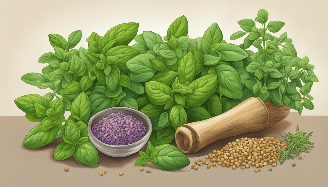 Illustration of oregano leaves, a mortar and pestle, and spices.