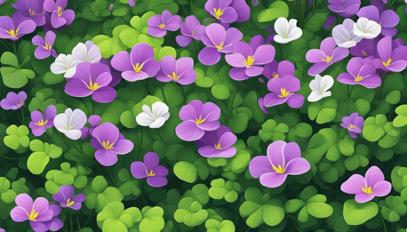 A close-up view of a field of blooming Oxalis Violacea flowers, showcasing their vibrant purple and white hues against a backdrop of lush green leaves.