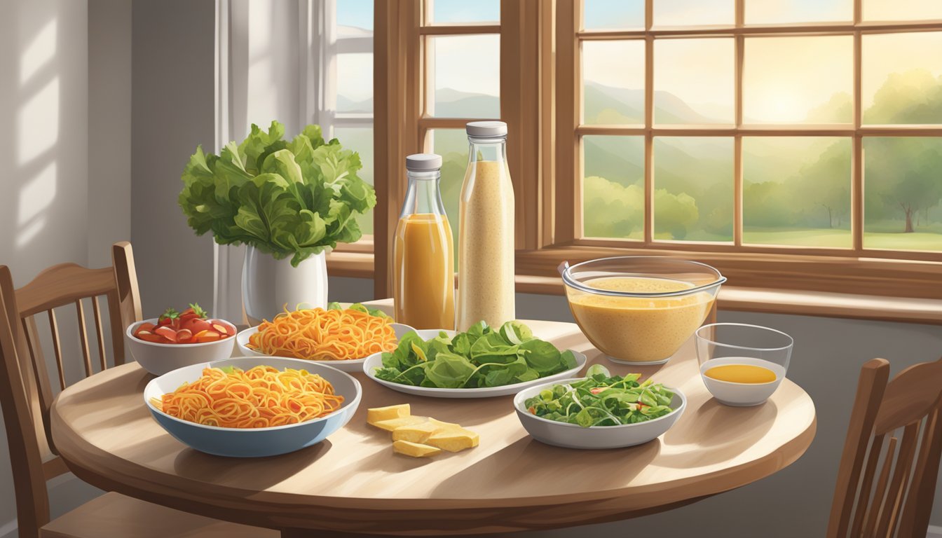 A wooden table set with various dishes including a bowl of salad, a plate of spaghetti, a bowl of soup, and a plate of greens, along with bottles of dressing and a pitcher of orange juice, with a countryside view in the background.