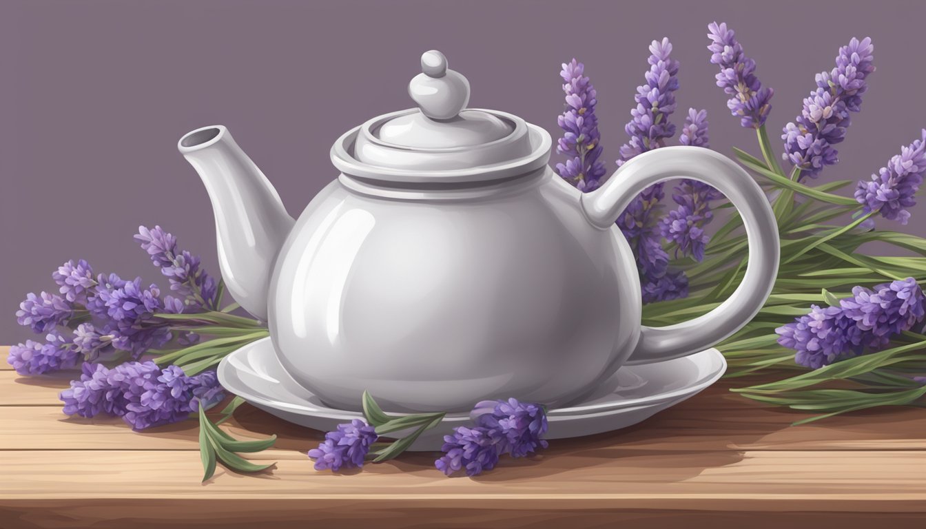 A white teapot with lavender flowers on a wooden table.