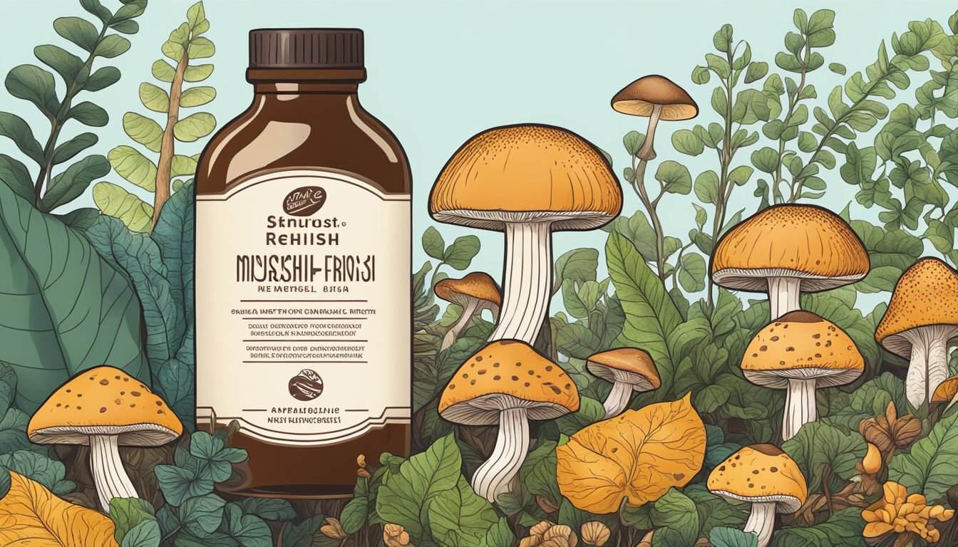 Illustration of a bottle of reishi mushroom extract surrounded by mushrooms and plants.