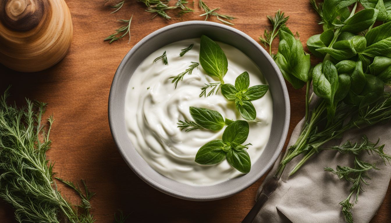 A bowl of herb cream cheese garnished with fresh basil leaves, surrounded by sprigs of dill, basil, and a fabric napkin on a wooden surface.